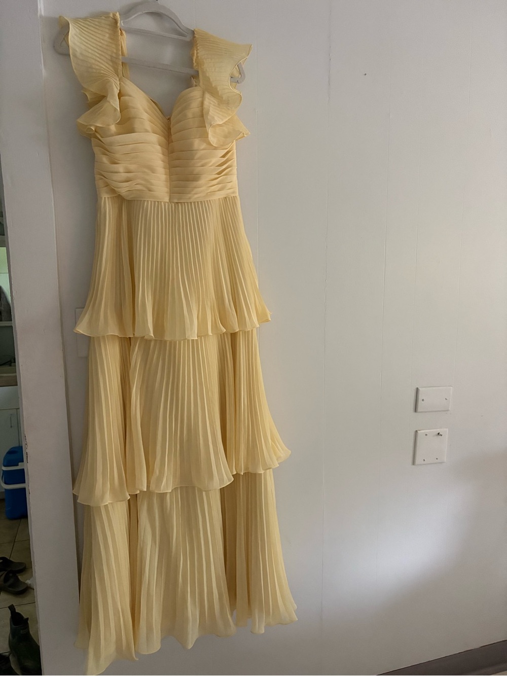 JJs House Pale Yellow Ruffle Tiered Pleated Maxi Dress
